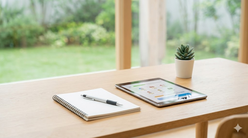 自然光が差し込む明るい書斎のデスクで、タブレット、ノート、ペンが整然と置かれ、これから英語学習を始めようとする落ち着いた雰囲気。