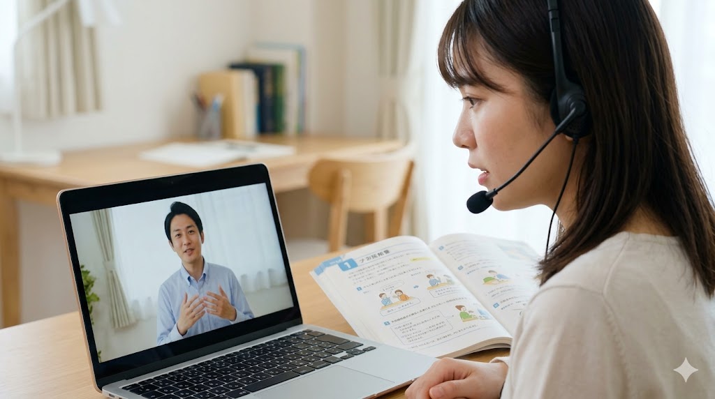 日本人講師と日本語の教材を使って、安心してオンライン英会話レッスンを受ける初心者の日本人女性。