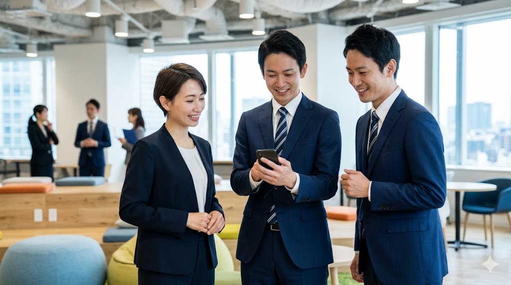 モダンなオフィス環境で、スマートフォンを囲みながら笑顔で励まし合う、日本人の学習仲間とシェルパ(案内人)のイメージ。驚異の継続率を支えるコミュニティ。