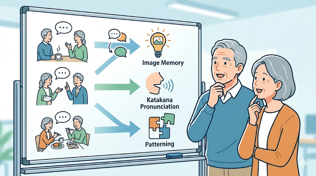 ラーニングハック独自のイラスト記憶法とカタカナ発音メソッドを、日本人の中高年層がホワイトボードを見て直感的に理解し、英会話の成功体験を積み上げている様子を描いたインフォグラフィック。
