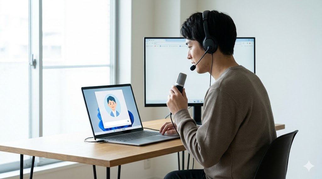 自宅のデスクで、外付けマイクとヘッドセットを使い、WindowsノートパソコンでAI英会話をする日本人男性。画面にはAIの会話画面が表示されている。
