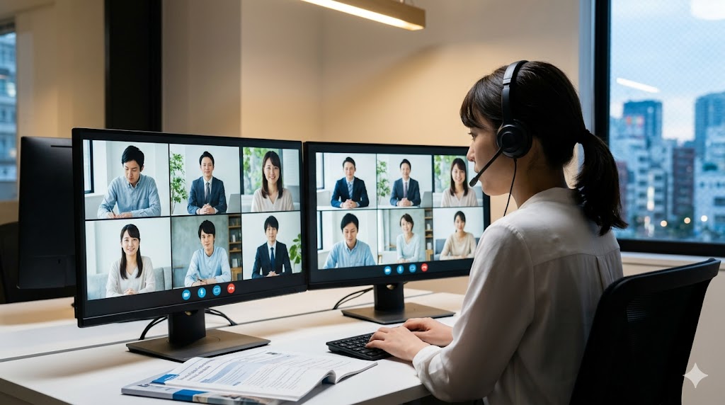 KEC外語学院のオンライン・バーチャルスクール。自宅からヘッドフォンを着用し、真剣な表情で90分間の固定制レッスンを受講する日本人女性。