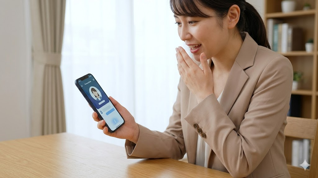 自宅のデスクで、人目を気にせずスマートフォンアプリのAI相手にリラックスして英会話練習をする日本人女性。