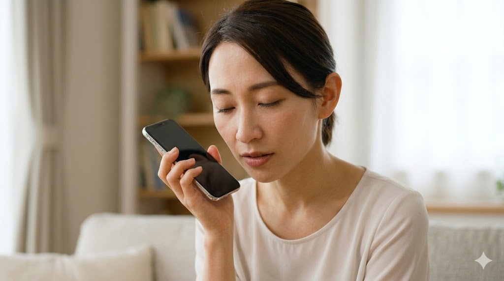 自宅のリラックスした環境で、スマートフォンから流れるネイティブ講師の添削音声に集中して耳を傾ける日本人女性。