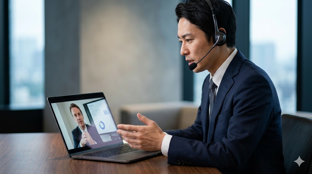 ビジネス特化型オンライン英会話で、外国人講師と実践的なビジネス交渉のロールプレイを行う日本人会社員。