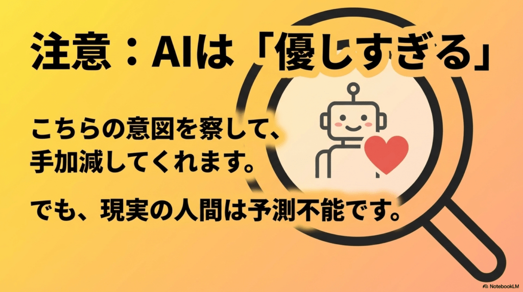 AIは手加減してくれるが現実の人間は予測不能。AIの優しさに慣れすぎないよう注意を促すスライド。