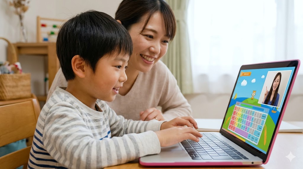 自宅で親子でアクティメソッドの無料体験を受ける様子。男の子が楽しそうにキーボードに触れ、母親が優しく見守っている。