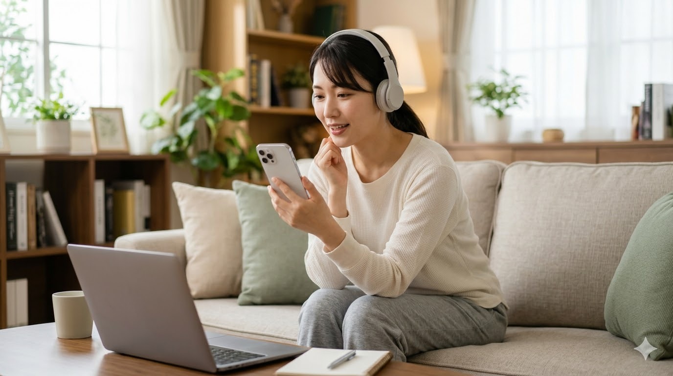 自宅のリビングでスマートフォンを使い、リラックスした様子でAI英会話アプリと英会話練習をする日本人女性。ヘッドフォンを着用し、自然な笑顔で会話をしている様子。