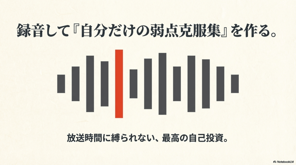 ラジオ放送を録音して自分だけの弱点克服集を作るメリット。放送時間に縛られない最高の自己投資の解説。