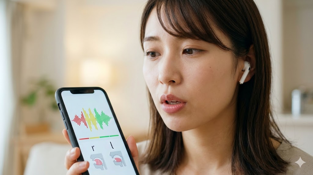 日本人女性がスマホの発音矯正アプリを使い、画面上の色分けされたフィードバックを見ながら集中して英単語を話している。AIによる正確な音声分析の様子。