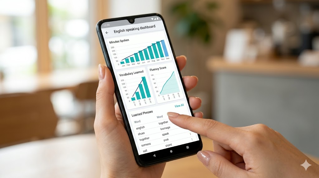 スマートフォンの画面に表示されたAI英会話ルーラのダッシュボード。会話時間や学習したフレーズ数などがグラフで視覚化され、上達を実感できる仕組み。