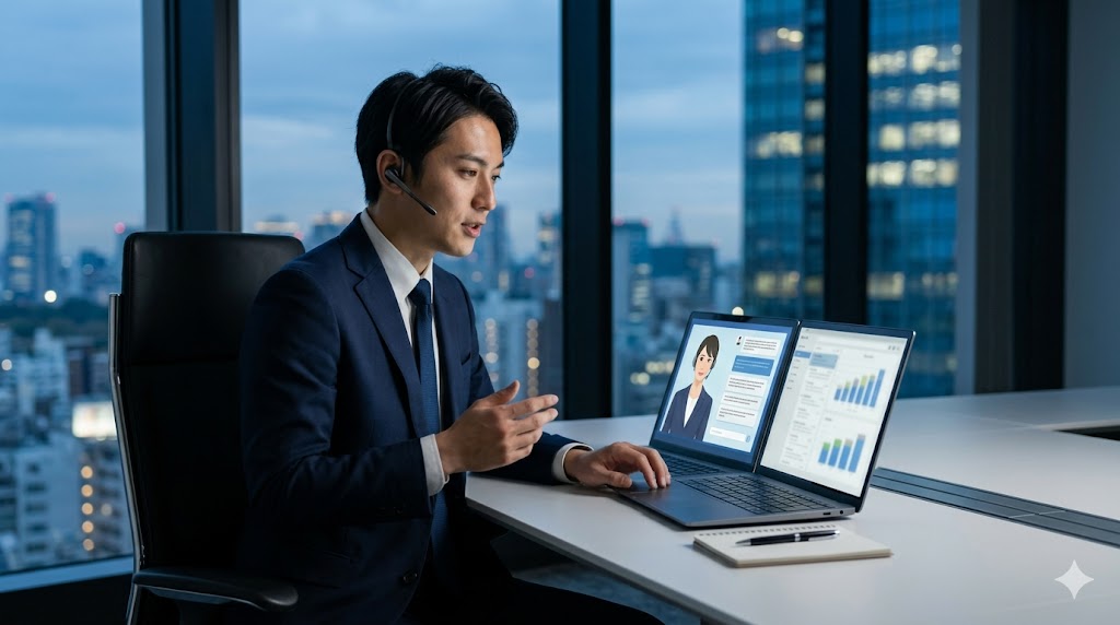 夕暮れのオフィスで、スーツ姿の日本人男性が、デュアルモニターのパソコンを使ってビジネスAI英会話をしている。画面にはプロフェッショナルなAI講師が表示されている。