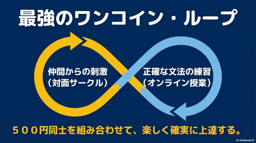 サークルでの刺激とオンラインでの正確な練習を組み合わせた500円同士の最強ループ。