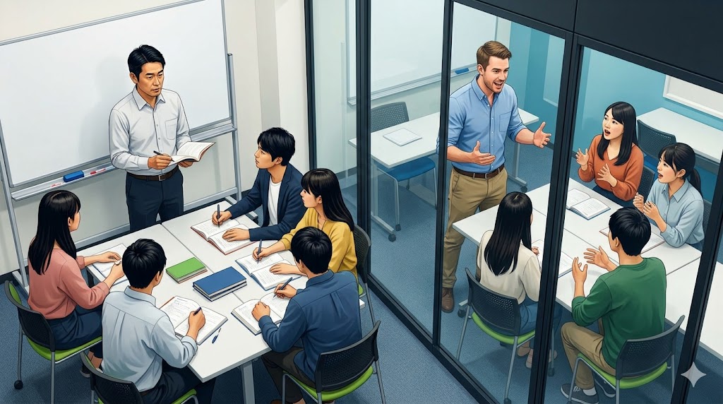 KEC外語学院独自の「TP指導方式」。日本人講師による理論クラス（左）と、ネイティブ講師による実践クラス（右）の連携イメージ。