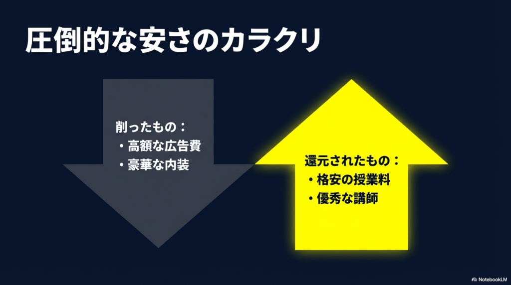 広告費や内装費を削り、授業料の安さと講師の質に還元している仕組みを解説するスライド