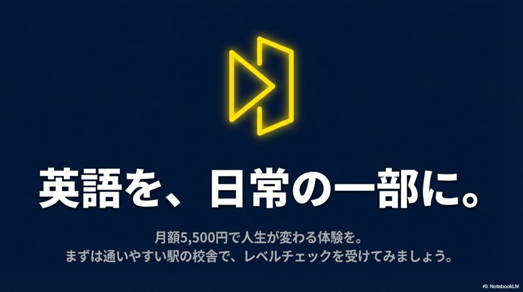 月額5,500円で英語を日常に取り入れ、人生を変える体験を提案するメッセージスライド