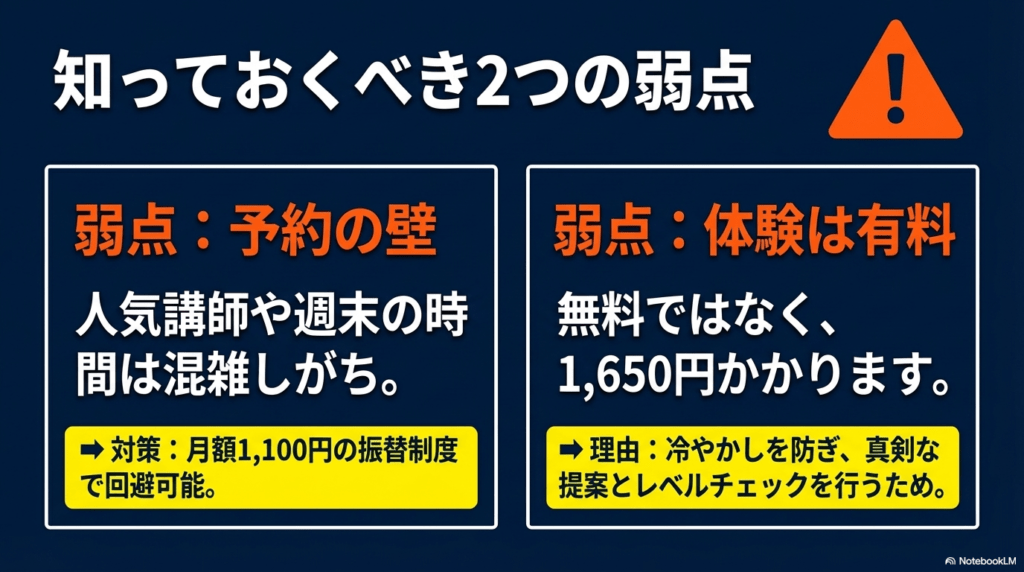 ワンコインイングリッシュの弱点である予約の混雑と、体験レッスンが有料（1,650円）であることの注意喚起スライド