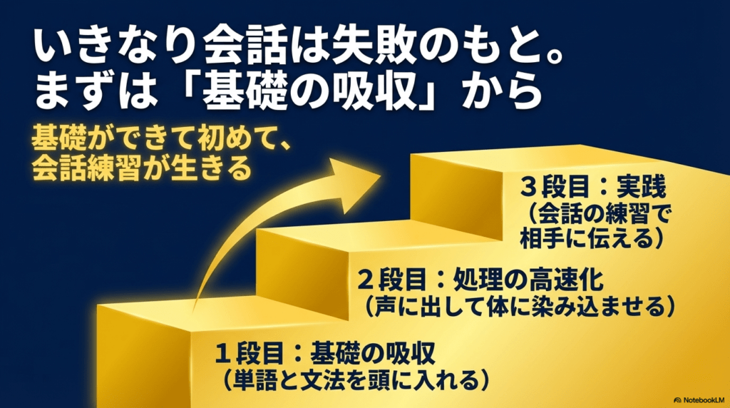 1段目：基礎の吸収（単語・文法）、2段目：処理の高速化（音読）、3段目：実践（英会話）という学習の優先順位を示すピラミッド図。