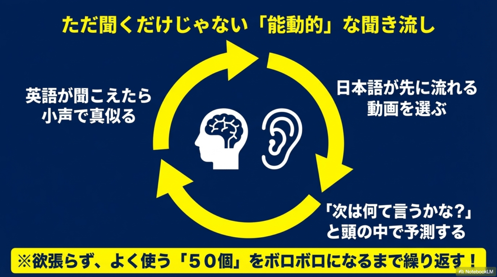 小声で真似る、日本語が先に流れる動画を選ぶ、次のフレーズを予測するといった能動的な学習のコツ