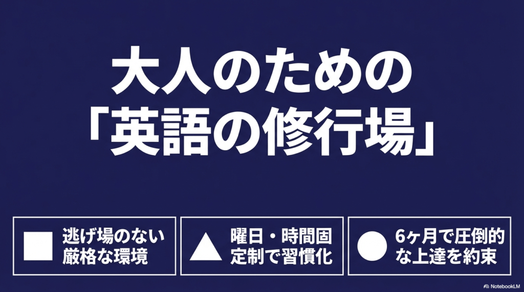 大人のための英語の修行場、逃げ場のない厳格な環境、習慣化のための固定制などを紹介するスライド。
