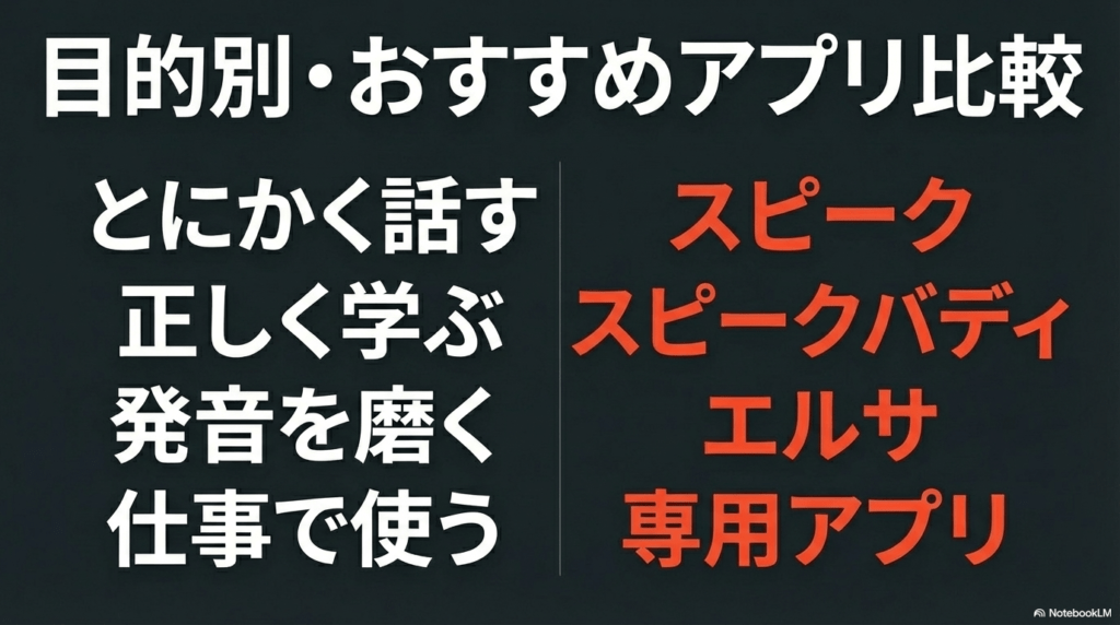 スピーク、スピークバディ、ELSAなどの目的別おすすめ比較表