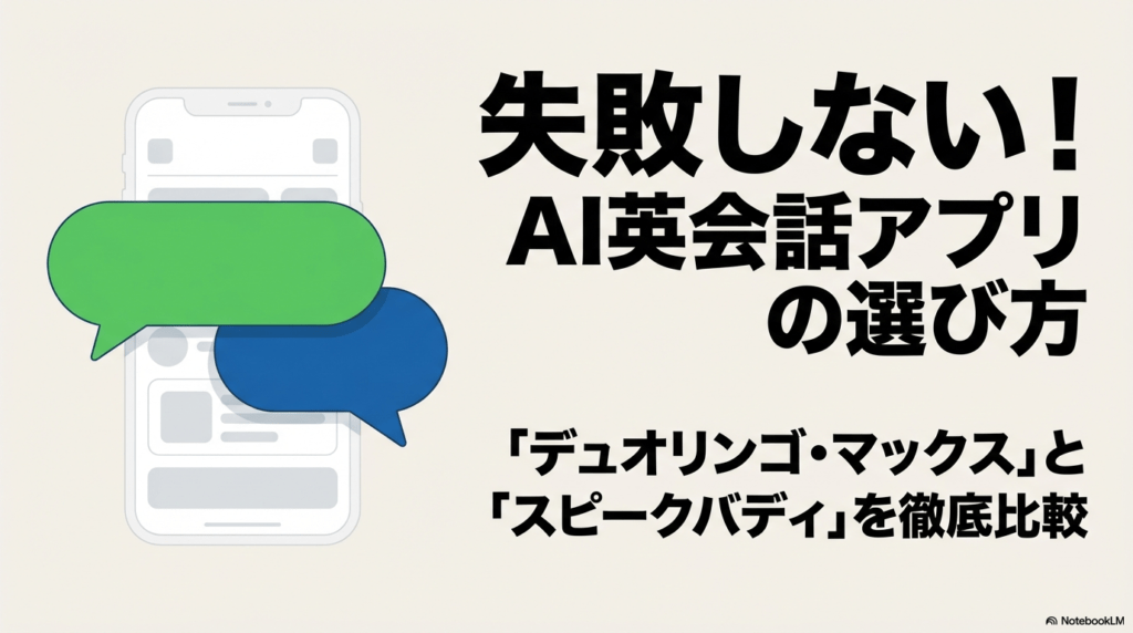 失敗しないAI英会話アプリの選び方。デュオリンゴ・マックスとスピークバディの徹底比較スライドの表紙。