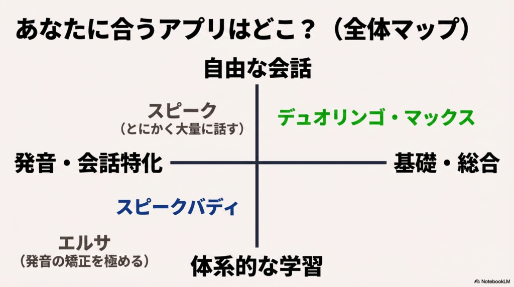 スピーク、デュオリンゴ、スピークバディ、エルサの4つのアプリを自由度と学習体系の軸で配置した全体マップ。