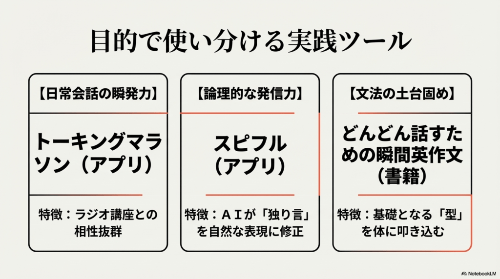 トーキングマラソン、スピフル、どんどん話すための瞬間英作文トレーニングなどの目的別ツールの特徴一覧