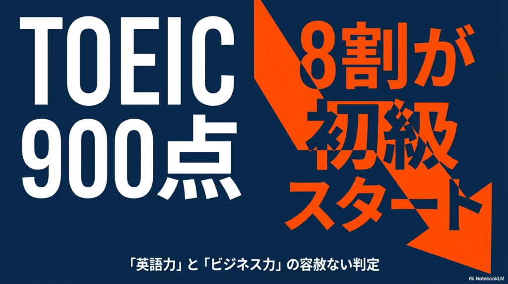 TOEICスコアが高くても、ビズメイツの判定では8割がレベル1・2の初級からスタートするという厳しい判定の図解