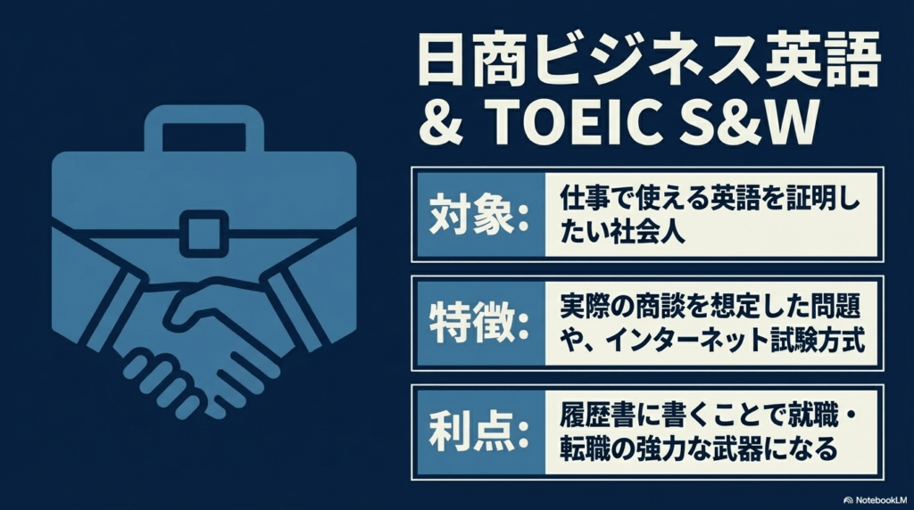 仕事で使える英語を証明するための日商ビジネス英語とTOEIC S&Wの特徴・利点スライド