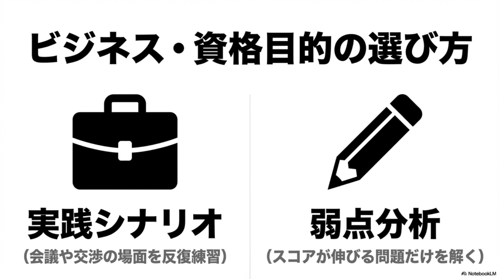 ビジネス・資格目的の選び方として「実践シナリオでの反復練習」と「弱点分析による効率学習」を示した図。