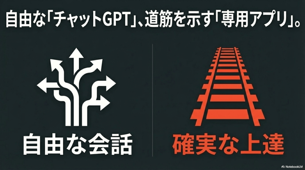 自由な会話のChatGPTと上達の道筋を示す専用アプリの違いを解説するイラスト