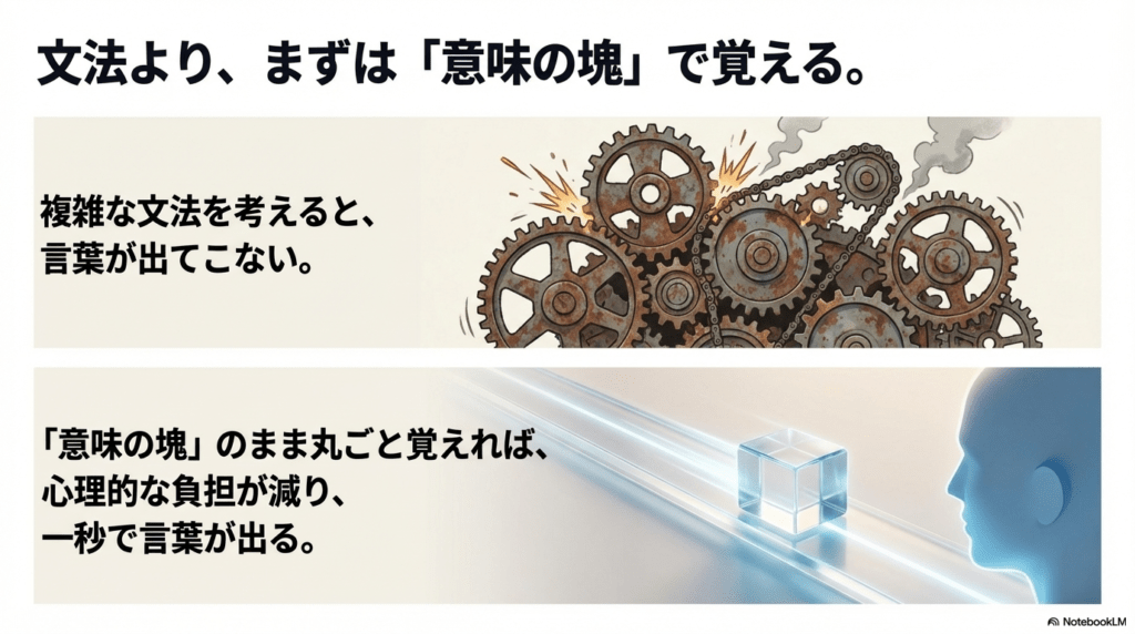 複雑な文法を介さず「意味の塊」で覚えることで、1秒で言葉が出る仕組みを説明する図。