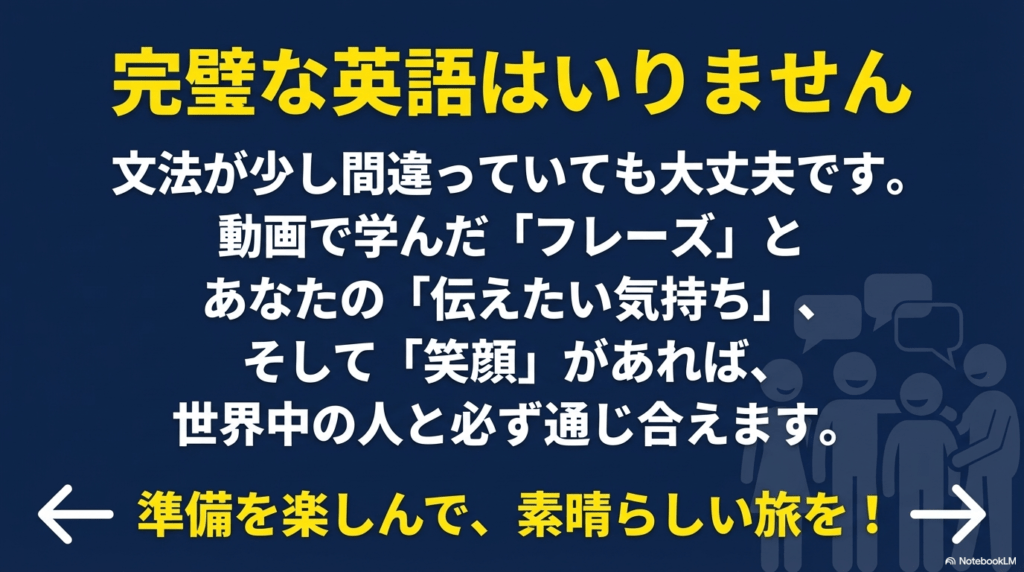 笑顔と伝えたい気持ちがあれば世界中の人と通じ合えるという応援メッセージのスライド