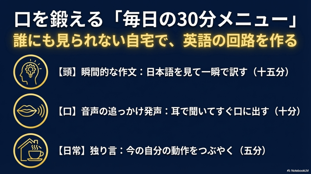 瞬間英作文15分、シャドーイング10分、独り言英語5分という、自宅で英語の回路を作るための具体的な練習構成。