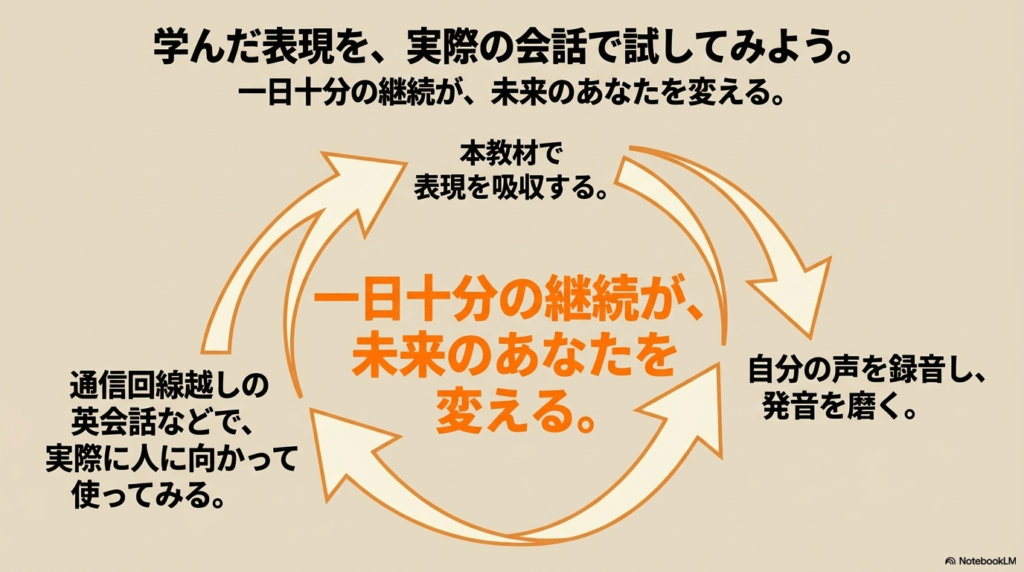 アプリでのインプットとオンライン英会話での実践を組み合わせた、英語学習の継続を促すスライド。