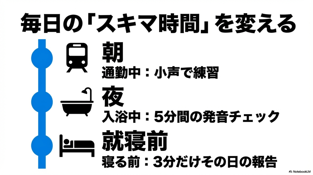 朝の通勤中、夜の入浴中、就寝前など、1日の隙間時間を活用した学習スケジュールの例。