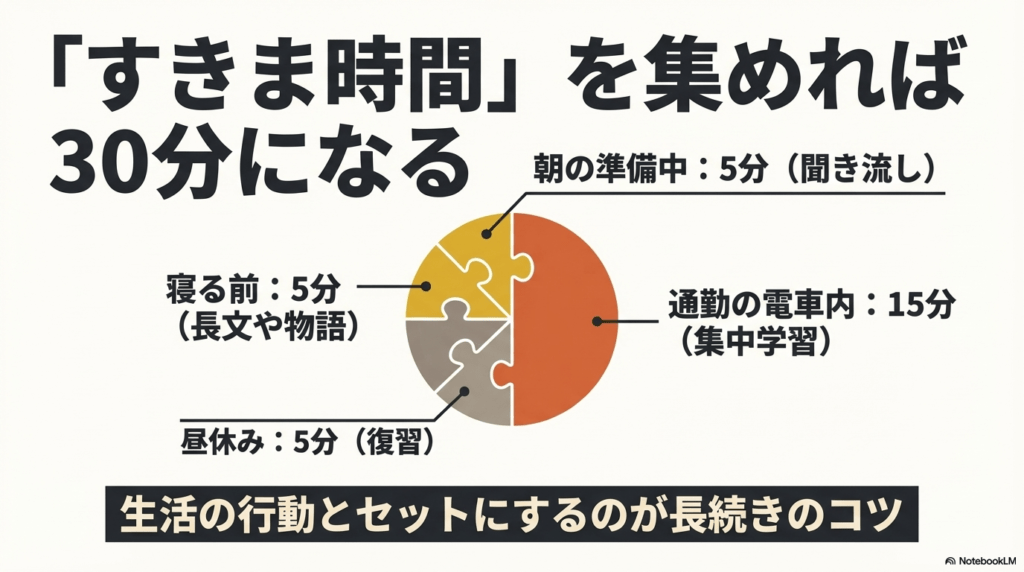 朝、昼、通勤、寝る前の隙間時間を組み合わせて合計30分にする具体的なスケジュール例