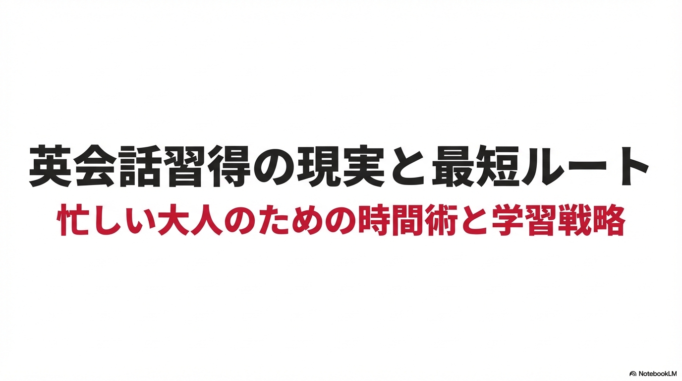 忙しい大人のための英会話学習戦略と時間術。英会話習得の現実と最短ルートを解説するタイトルのスライド資料。