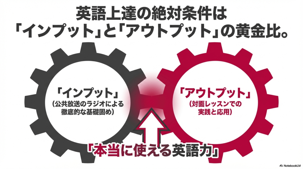 ラジオでの基礎固めと対面レッスンでの実践の黄金比率を解説するスライド