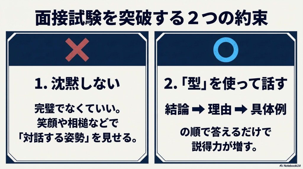面接で沈黙しない姿勢と「結論・理由・具体例」の型を使って話すコツの解説スライド