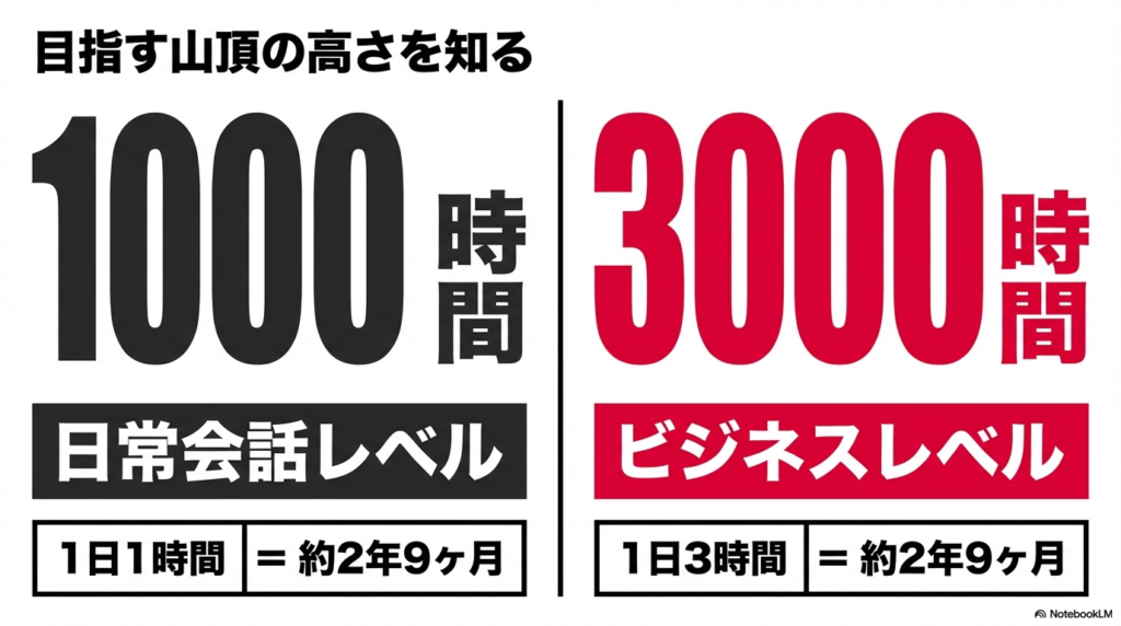 日常会話レベルに1,000時間、ビジネスレベルに3,000時間の学習が必要であることを示す図解。1日1時間または3時間学習した場合の期間シミュレーション。