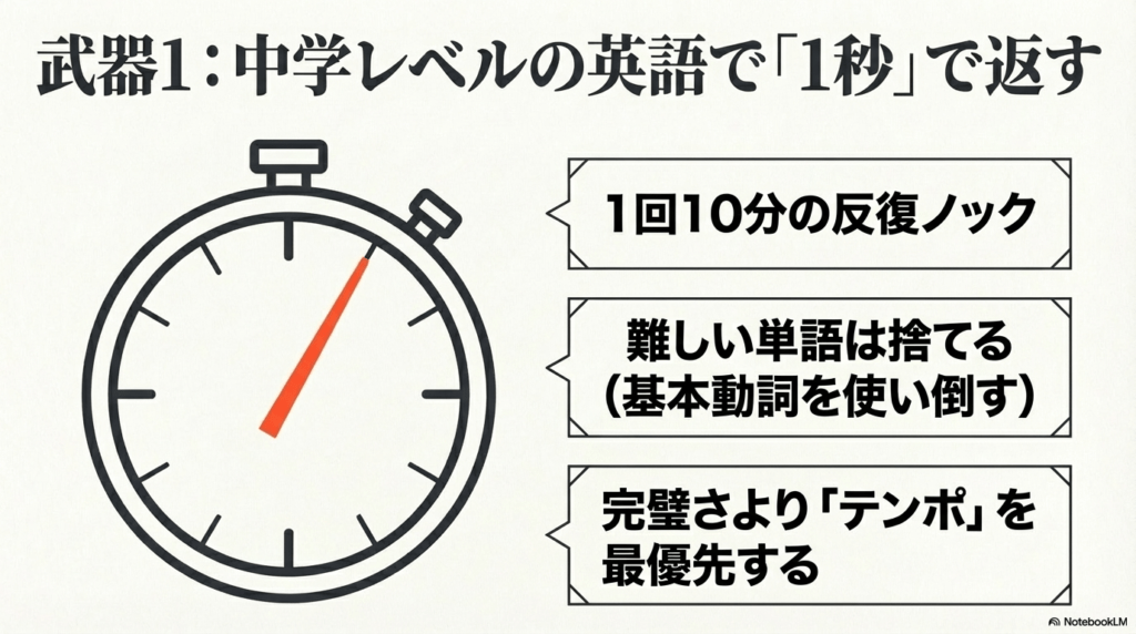 英会話タイムトライアルで難しい単語を捨て、中学レベルの基本動詞とテンポを最優先して1秒で返すトレーニングのポイント
