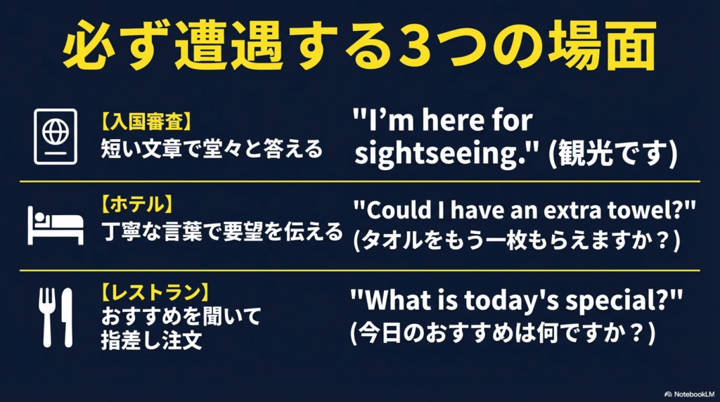 入国審査、ホテル、レストランでの定番フレーズと対策をまとめたスライド