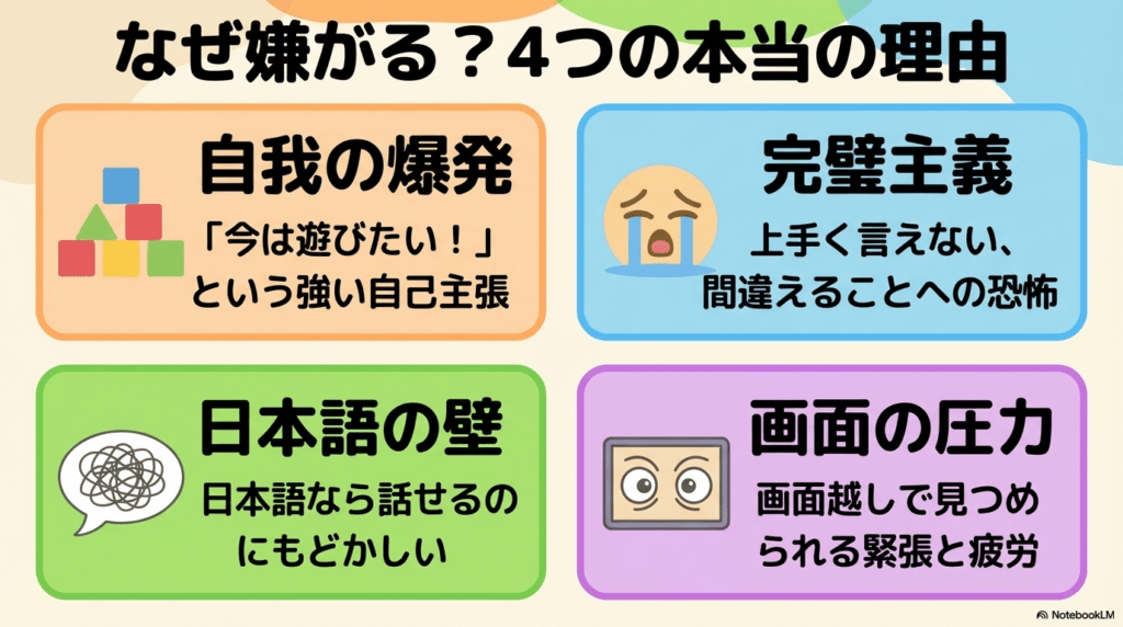 自我の爆発（遊びたい）、日本語の壁（もどかしさ）、完璧主義（失敗への恐怖）、画面の圧力（緊張と疲労）という4つの理由の図解