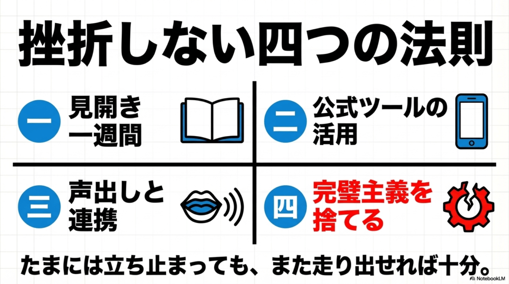 見開き1週間、要素は3つ、声出し連携、公式ツール活用と完璧主義の打破という4つの法則のまとめ
