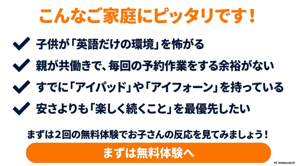グローバルクラウンがピッタリな家庭のチェックリスト。英語のみを怖がる子や共働きの家庭におすすめで、無料体験を促す内容
