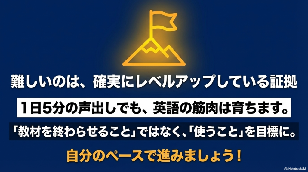 教材を終わらせることではなく使うことを目標に、1日5分から英語の筋肉を育てることを勧める応援スライド
