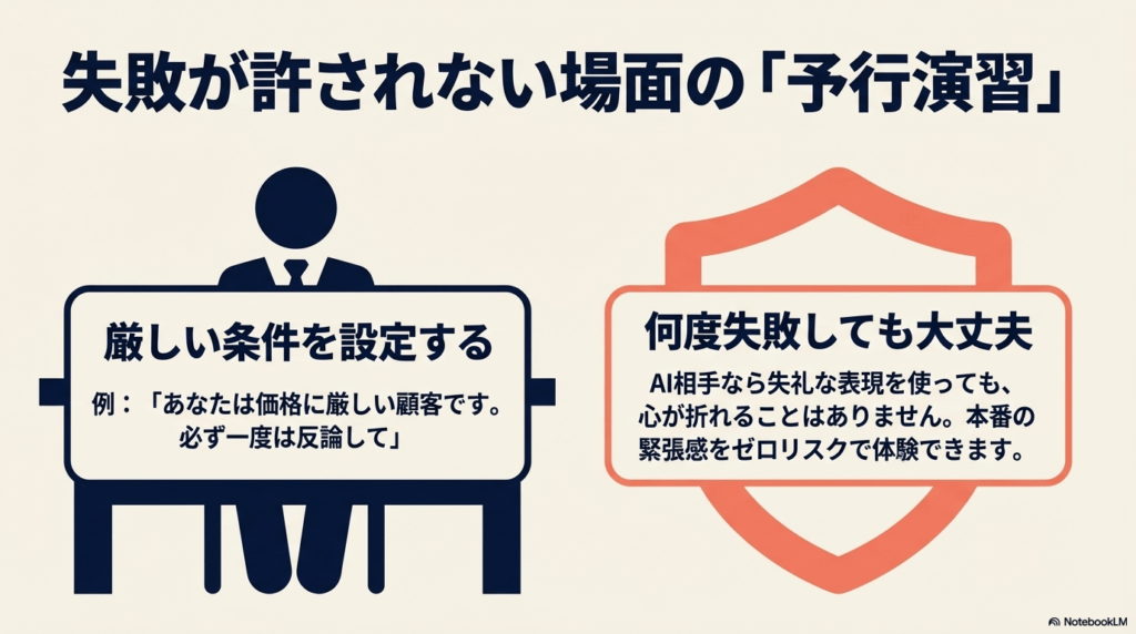 厳しい条件を設定して何度でも失敗できる、AI相手のビジネス英会話ロールプレイの利点