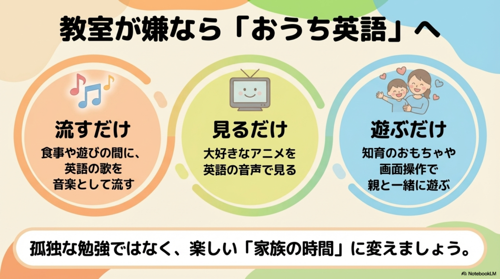 歌を流すだけ、アニメを見るだけ、おもちゃで親と一緒に遊ぶだけといった、家庭で楽しく英語に触れる方法